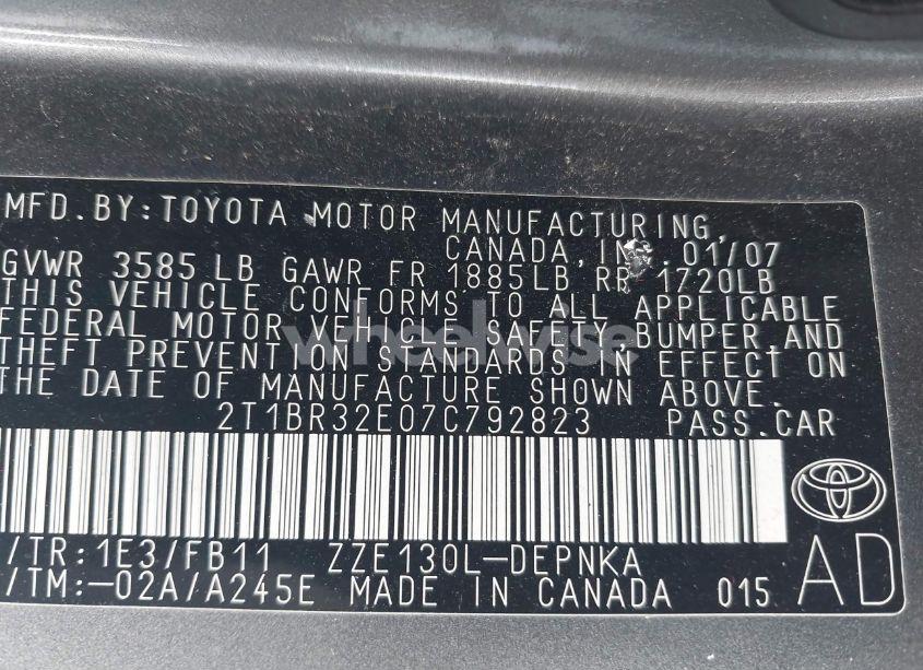 Photo 9 of 2007 Toyota Corolla LE (VIN 2T1BR32E07C792823)