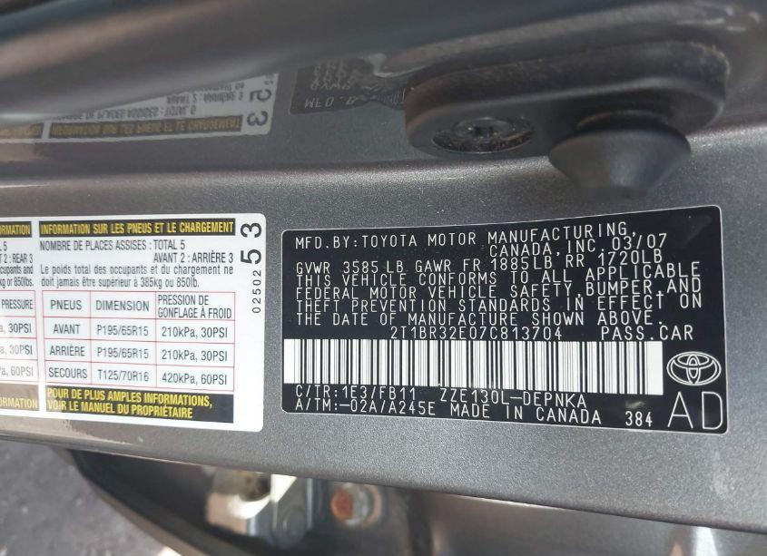 Photo 9 of 2007 Toyota Corolla LE (VIN 2T1BR32E07C813704)