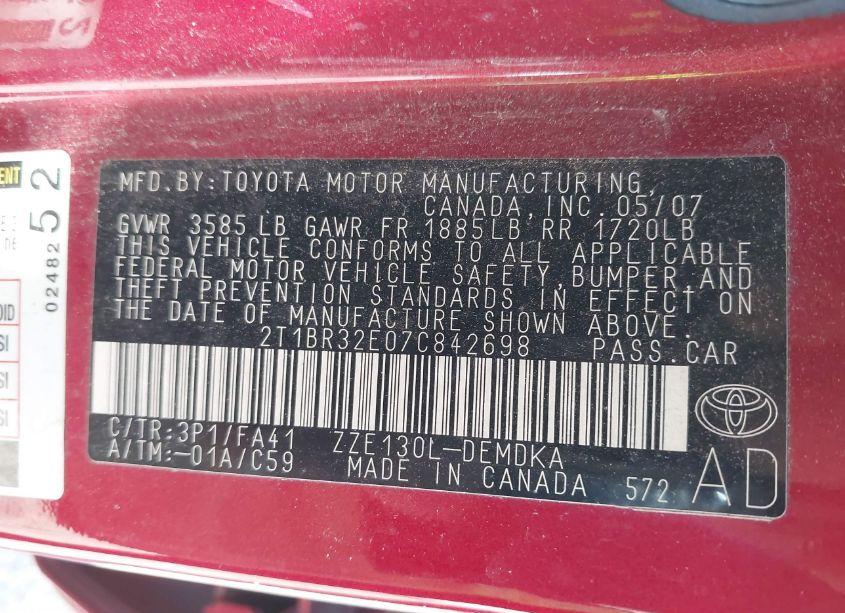 Photo 9 of 2007 Toyota Corolla CE (VIN 2T1BR32E07C842698)