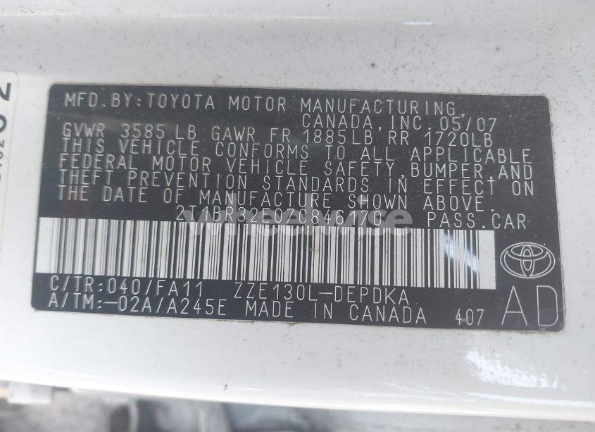 Photo 9 of 2007 Toyota Corolla CE (VIN 2T1BR32E07C846170)