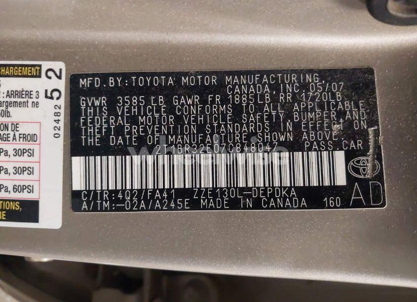 Photo 9 of 2007 Toyota Corolla CE (VIN 2T1BR32E07C848047)