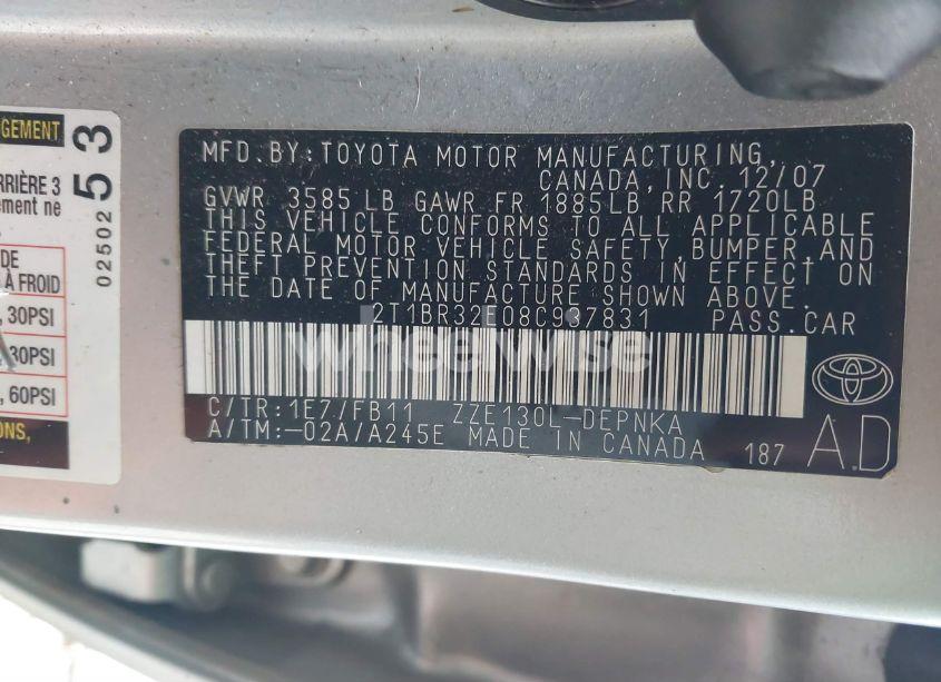 Photo 9 of 2008 Toyota Corolla LE (VIN 2T1BR32E08C937831)