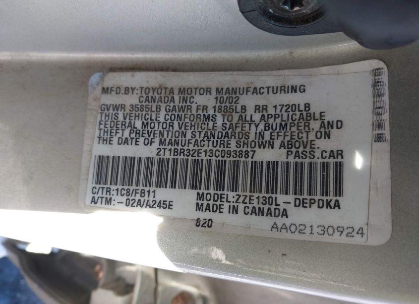 Photo 9 of 2003 Toyota Corolla CE (VIN 2T1BR32E13C093887)