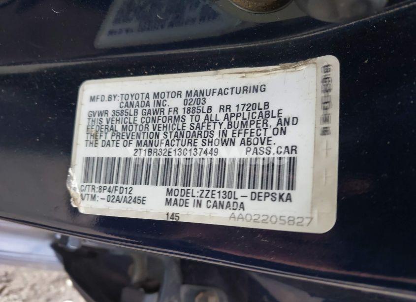 Photo 9 of 2003 Toyota Corolla S (VIN 2T1BR32E13C137449)