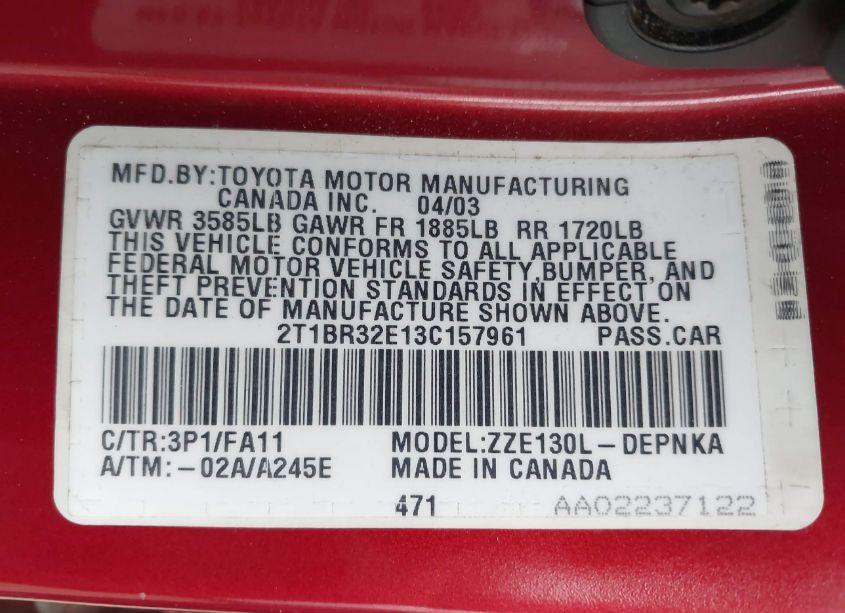 Photo 9 of 2003 Toyota Corolla LE (VIN 2T1BR32E13C157961)