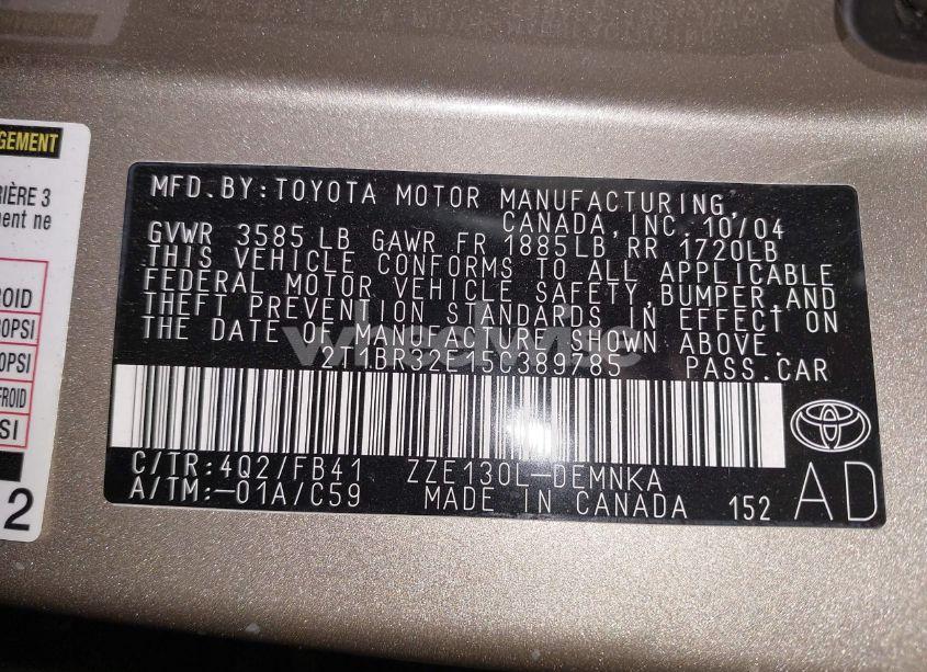 Photo 9 of 2005 Toyota Corolla LE (VIN 2T1BR32E15C389785)