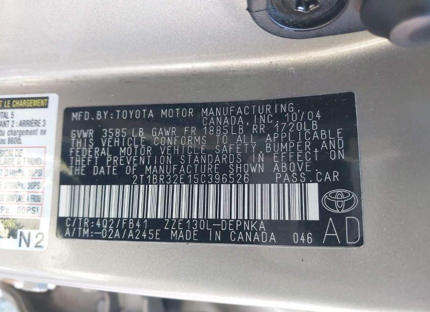 Photo 9 of 2005 Toyota Corolla LE (VIN 2T1BR32E15C396526)
