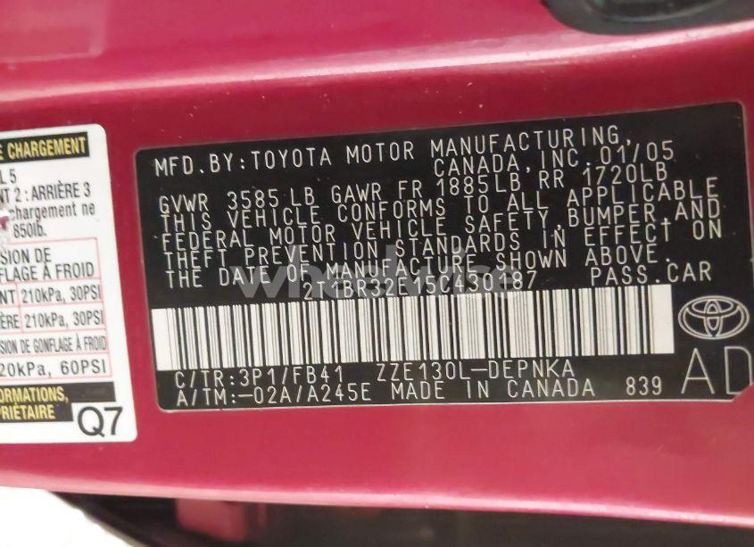 Photo 9 of 2005 Toyota Corolla LE (VIN 2T1BR32E15C430187)