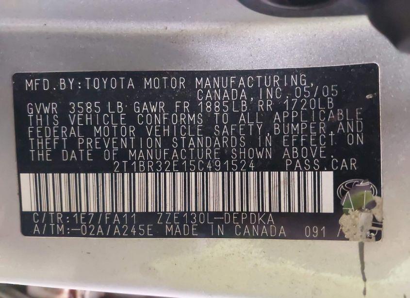 Photo 9 of 2005 Toyota Corolla CE (VIN 2T1BR32E15C491524)