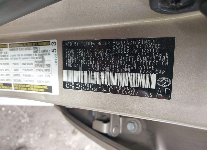Photo 9 of 2006 Toyota Corolla LE (VIN 2T1BR32E16C580298)