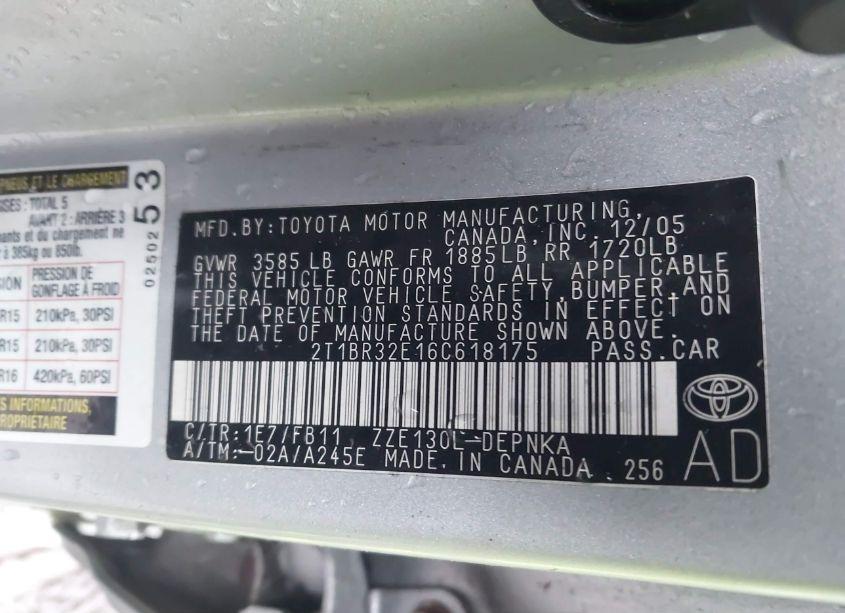 Photo 9 of 2006 Toyota Corolla LE (VIN 2T1BR32E16C618175)