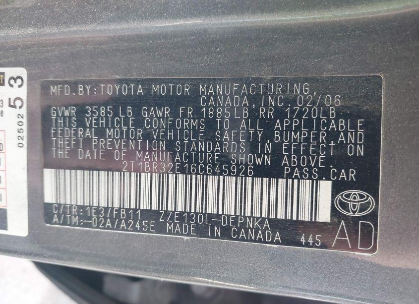 Photo 9 of 2006 Toyota Corolla LE (VIN 2T1BR32E16C645926)