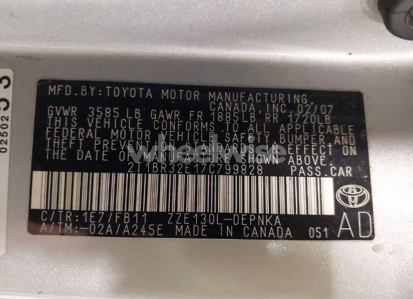 Photo 9 of 2007 Toyota Corolla LE (VIN 2T1BR32E17C799828)