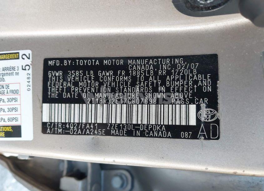 Photo 9 of 2007 Toyota Corolla CE (VIN 2T1BR32E17C807698)