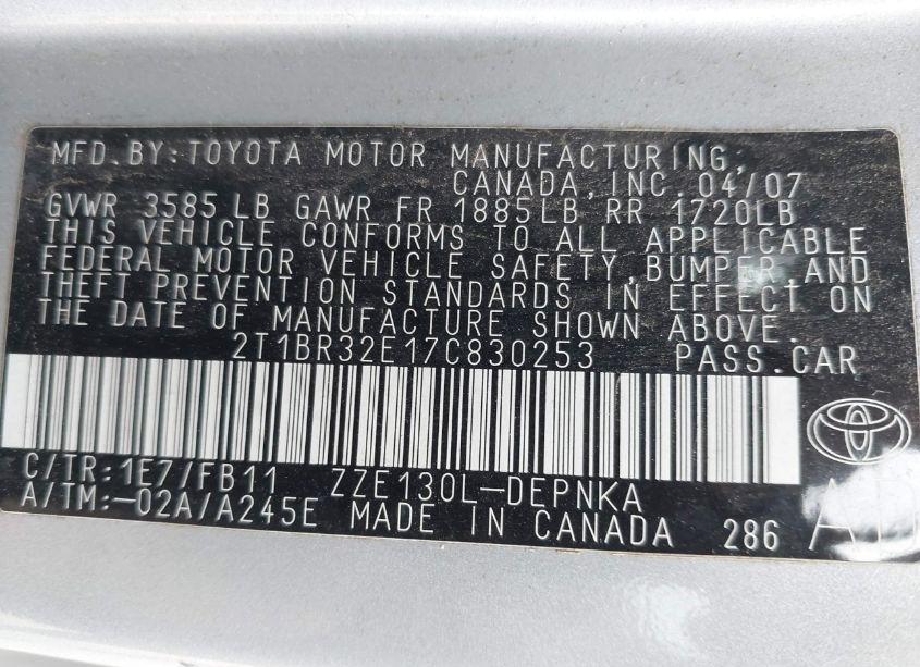 Photo 9 of 2007 Toyota Corolla LE (VIN 2T1BR32E17C830253)