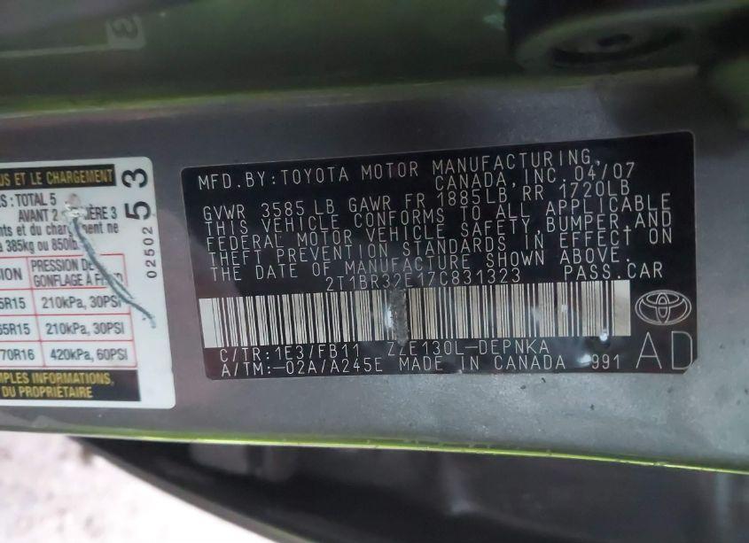 Photo 9 of 2007 Toyota Corolla LE (VIN 2T1BR32E17C831323)