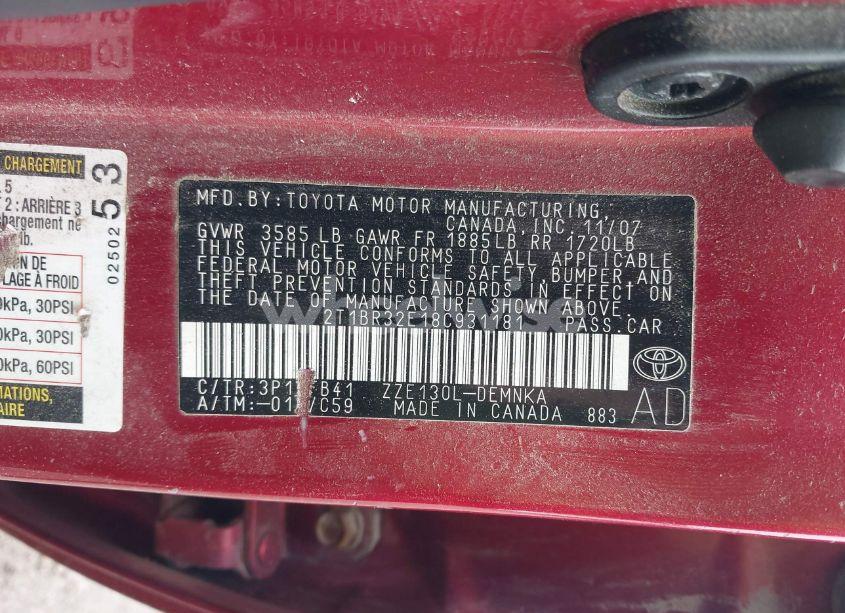 Photo 9 of 2008 Toyota Corolla LE (VIN 2T1BR32E18C931181)