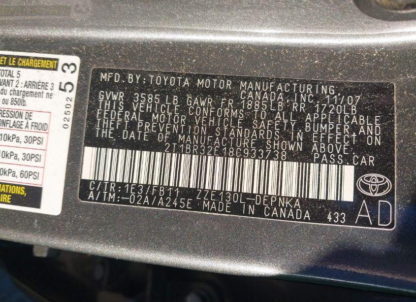 Photo 9 of 2008 Toyota Corolla LE (VIN 2T1BR32E18C933738)