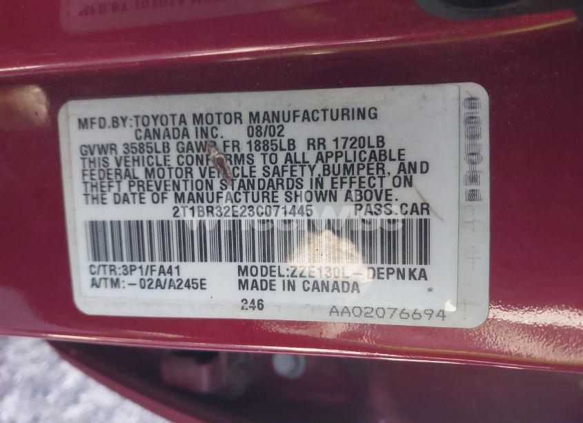 Photo 9 of 2003 Toyota Corolla LE (VIN 2T1BR32E23C071445)