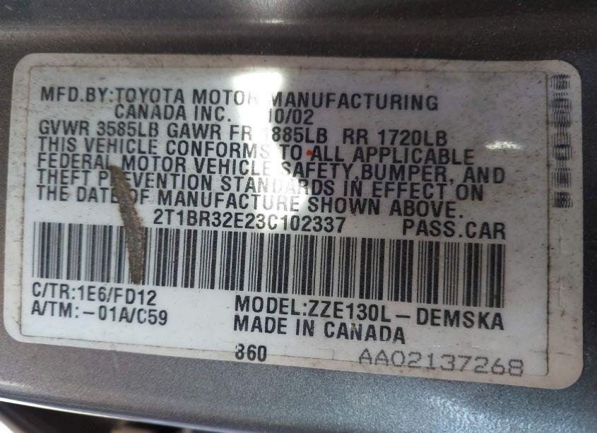 Photo 9 of 2003 Toyota Corolla S (VIN 2T1BR32E23C102337)