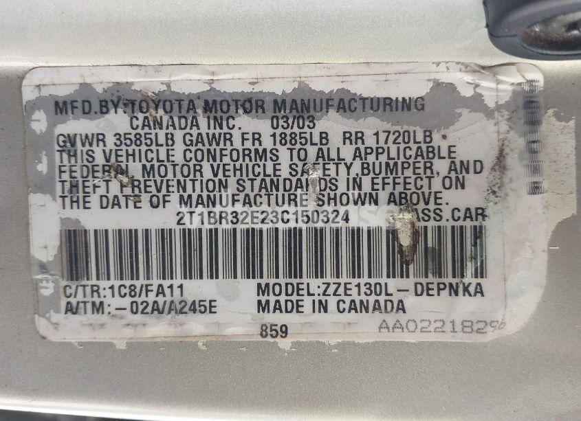 Photo 9 of 2003 Toyota Corolla LE (VIN 2T1BR32E23C150324)