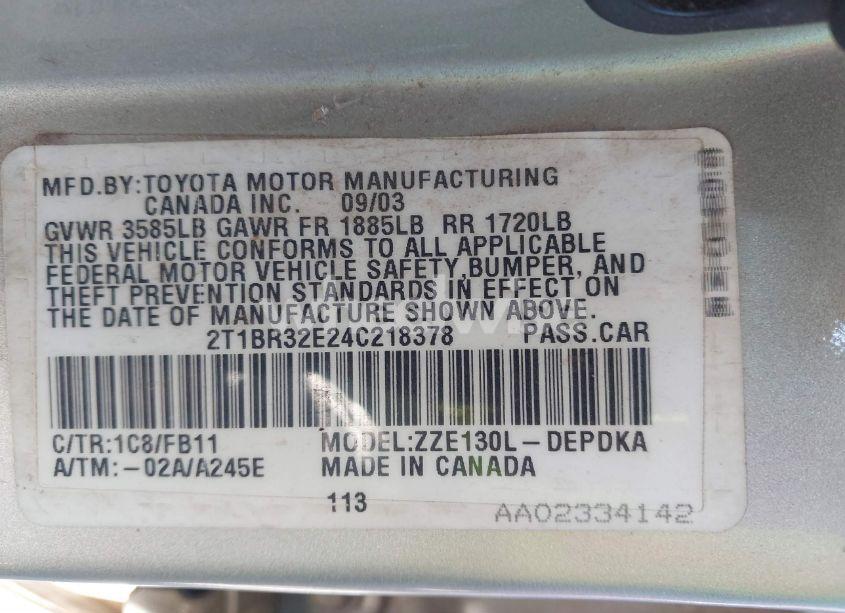 Photo 9 of 2004 Toyota Corolla CE (VIN 2T1BR32E24C218378)