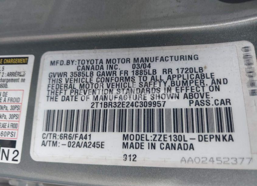 Photo 9 of 2004 Toyota Corolla LE (VIN 2T1BR32E24C309957)