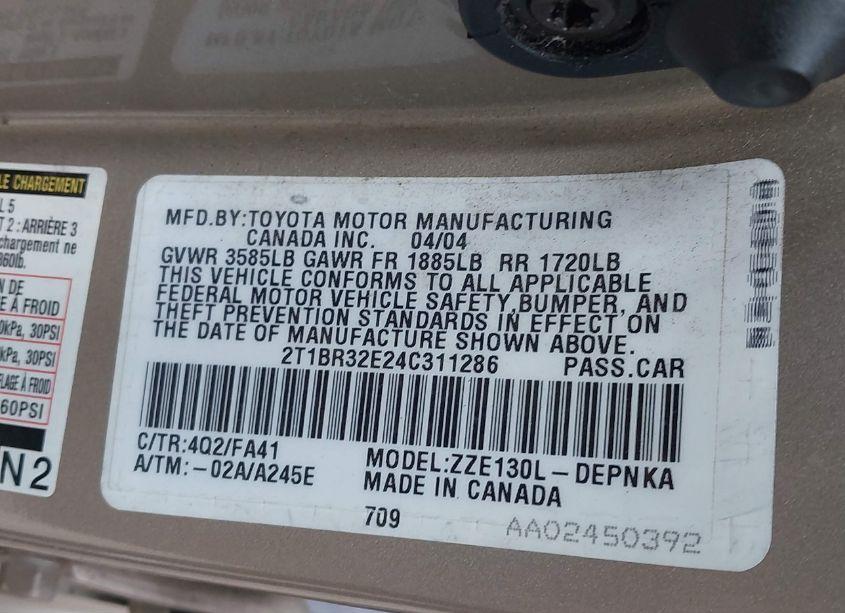 Photo 9 of 2004 Toyota Corolla LE (VIN 2T1BR32E24C311286)