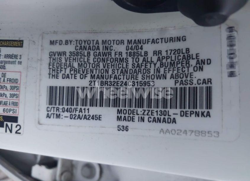 Photo 9 of 2004 Toyota Corolla LE (VIN 2T1BR32E24C315953)