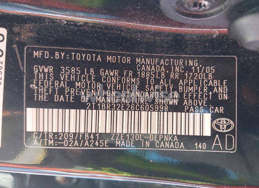 Photo 9 of 2006 Toyota Corolla LE (VIN 2T1BR32E26C605998)