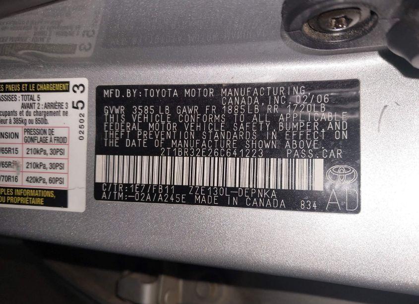 Photo 9 of 2006 Toyota Corolla LE (VIN 2T1BR32E26C641223)