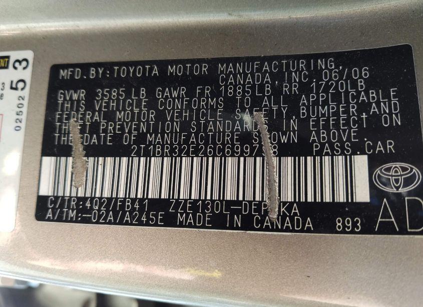 Photo 9 of 2006 Toyota Corolla LE (VIN 2T1BR32E26C699798)