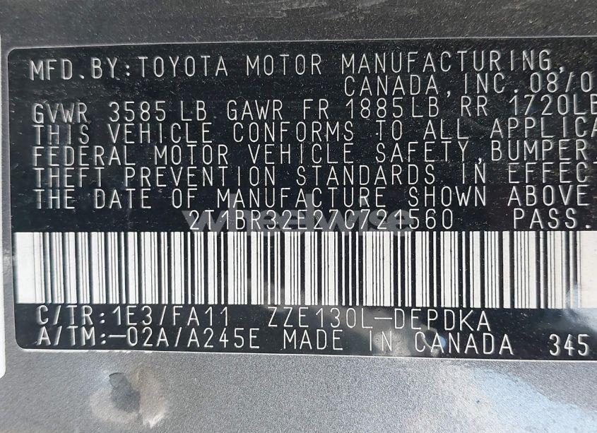 Photo 9 of 2007 Toyota Corolla CE (VIN 2T1BR32E27C721560)