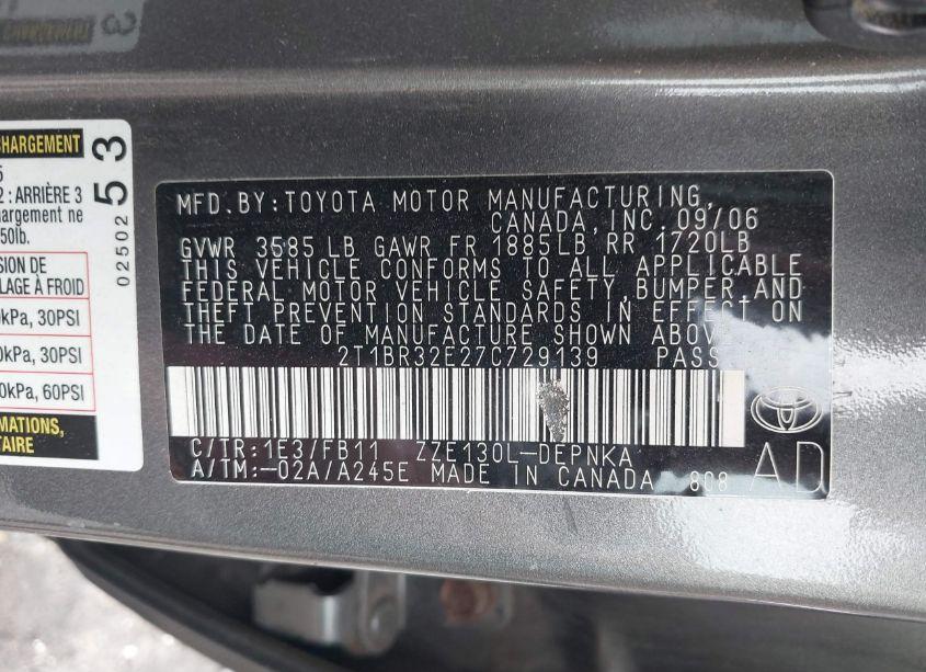 Photo 9 of 2007 Toyota Corolla LE (VIN 2T1BR32E27C729139)