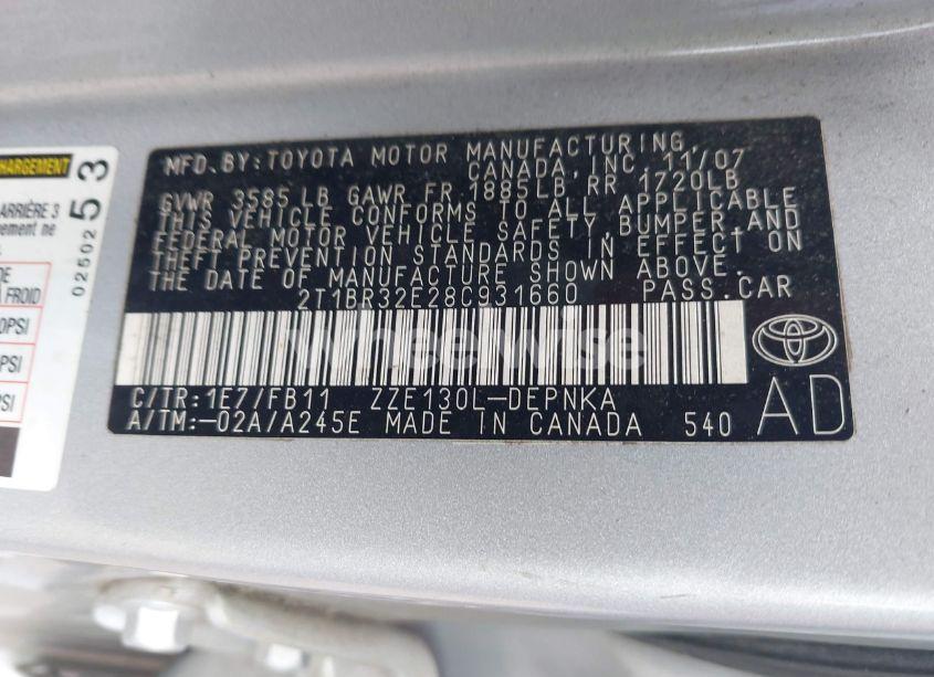 Photo 9 of 2008 Toyota Corolla LE (VIN 2T1BR32E28C931660)