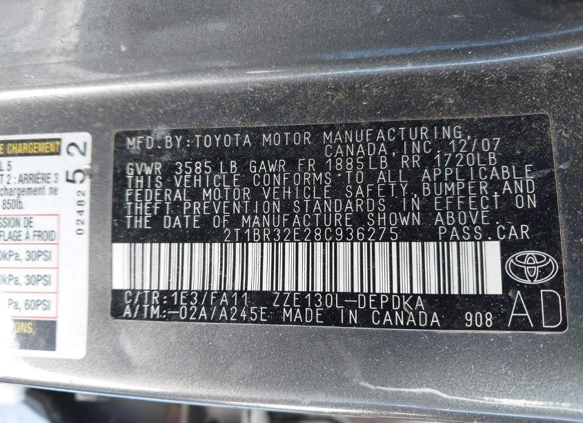 Photo 9 of 2008 Toyota Corolla CE (VIN 2T1BR32E28C936275)