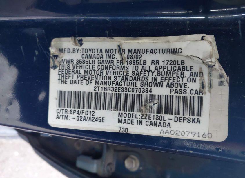 Photo 9 of 2003 Toyota Corolla S (VIN 2T1BR32E33C070384)