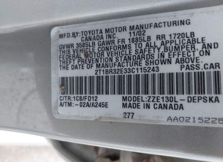 Photo 9 of 2003 Toyota Corolla S (VIN 2T1BR32E33C115243)