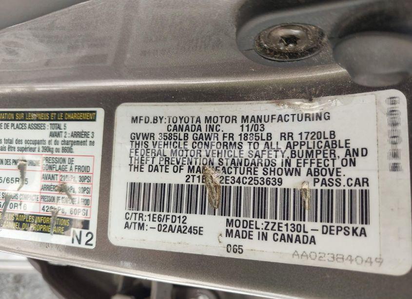 Photo 9 of 2004 Toyota Corolla S (VIN 2T1BR32E34C253639)