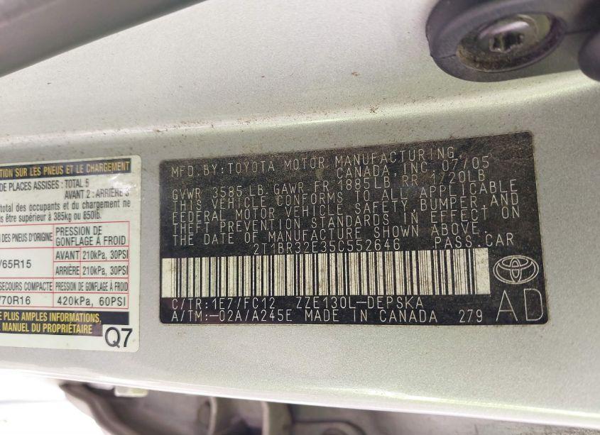 Photo 9 of 2005 Toyota Corolla CE/LE/S (VIN 2T1BR32E35C552646)