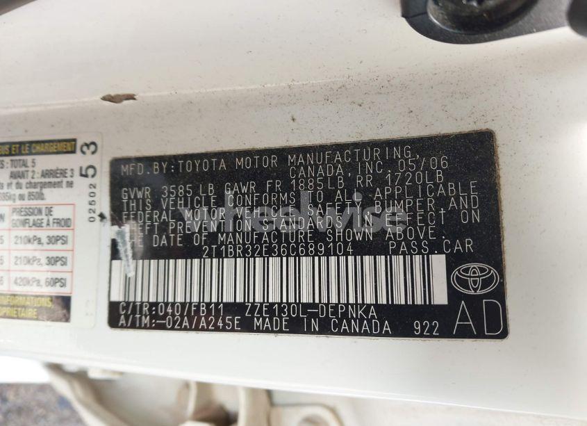 Photo 9 of 2006 Toyota Corolla LE (VIN 2T1BR32E36C689104)