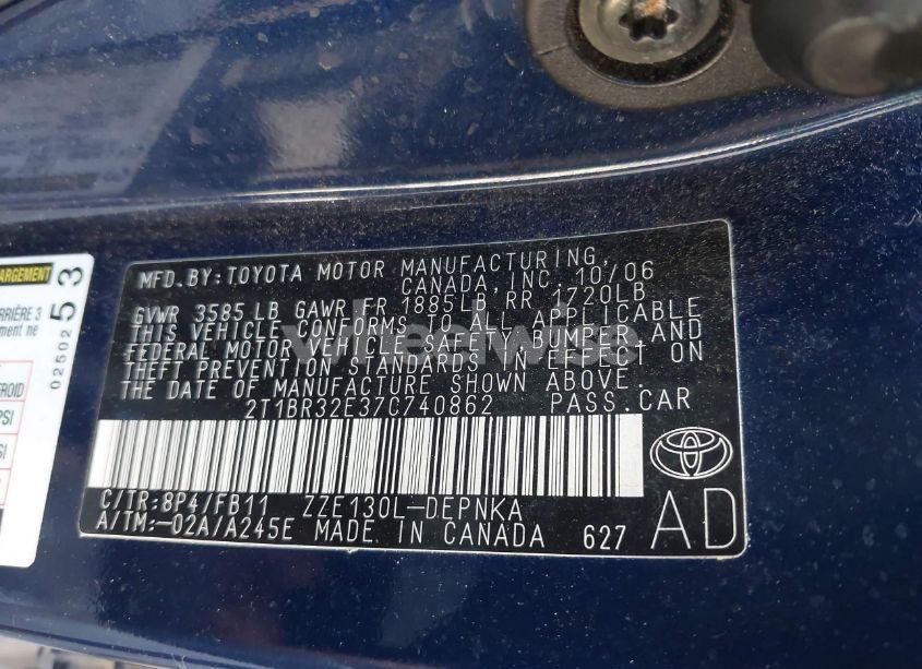 Photo 9 of 2007 Toyota Corolla LE (VIN 2T1BR32E37C740862)