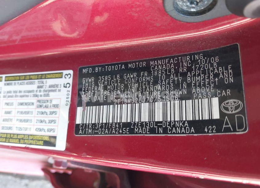 Photo 9 of 2007 Toyota Corolla LE (VIN 2T1BR32E37C751506)