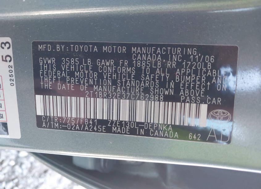 Photo 9 of 2007 Toyota Corolla LE (VIN 2T1BR32E37C762988)