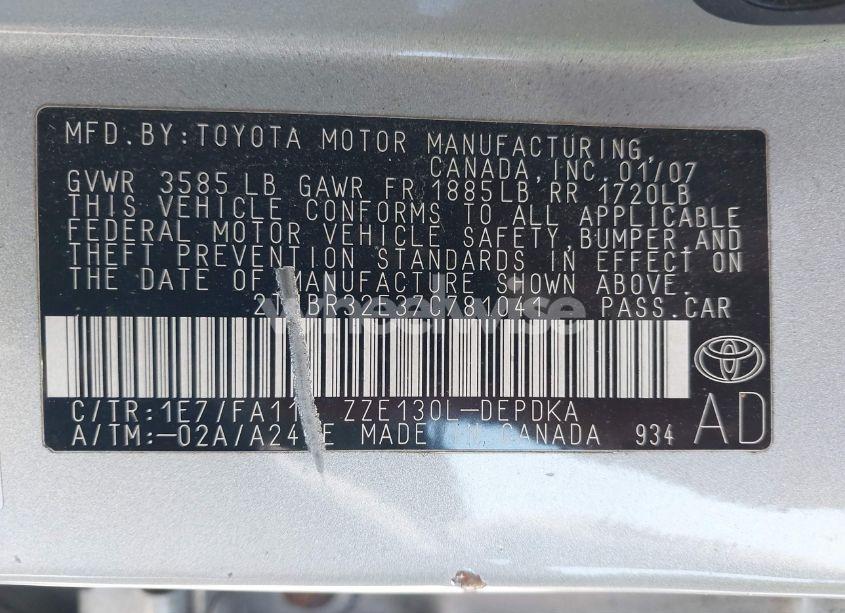 Photo 9 of 2007 Toyota Corolla CE (VIN 2T1BR32E37C781041)