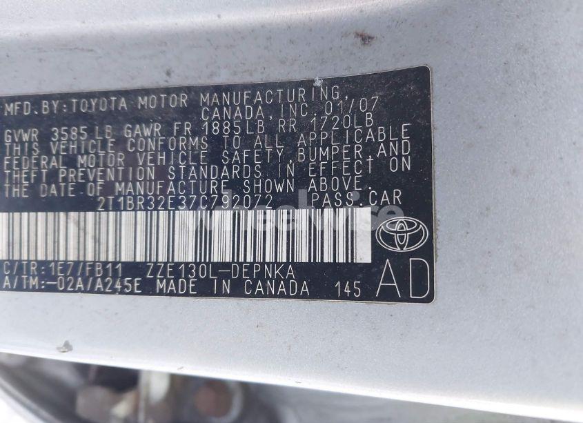 Photo 9 of 2007 Toyota Corolla LE (VIN 2T1BR32E37C792072)