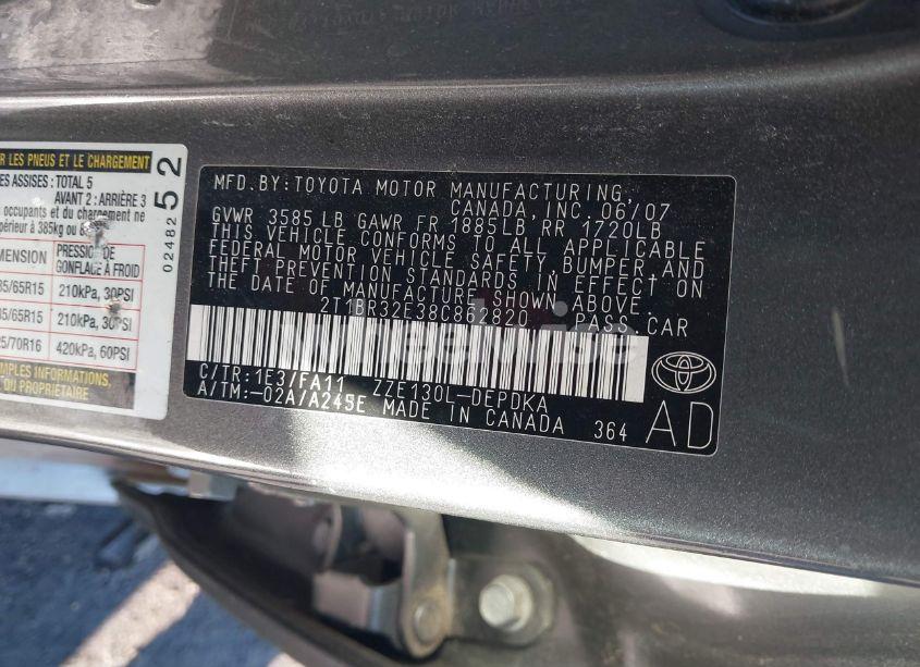 Photo 9 of 2008 Toyota Corolla CE (VIN 2T1BR32E38C862820)