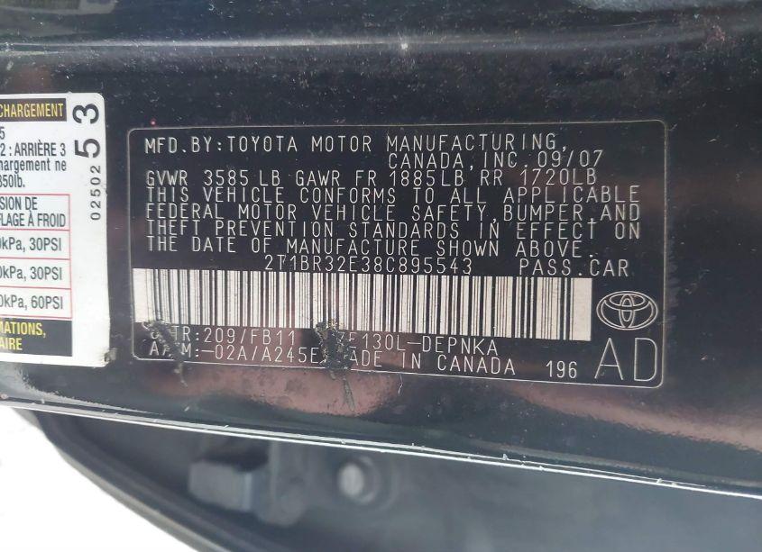 Photo 9 of 2008 Toyota Corolla LE (VIN 2T1BR32E38C895543)