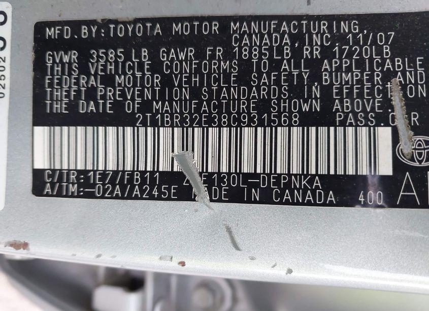 Photo 9 of 2008 Toyota Corolla LE (VIN 2T1BR32E38C931568)