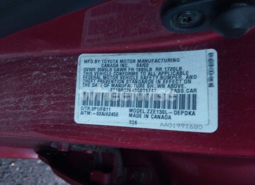 Photo 9 of 2003 Toyota Corolla CE (VIN 2T1BR32E43C031741)